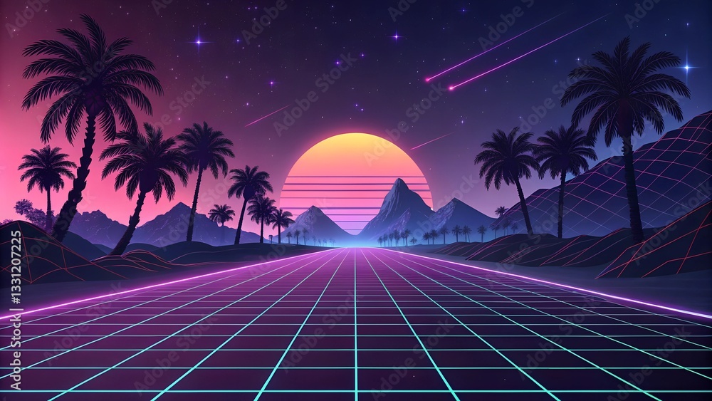 Naklejka premium Retro background futuristic landscape 1980s style. Vector perspective grid. 80s sci-fi or game style. Retro neon background
