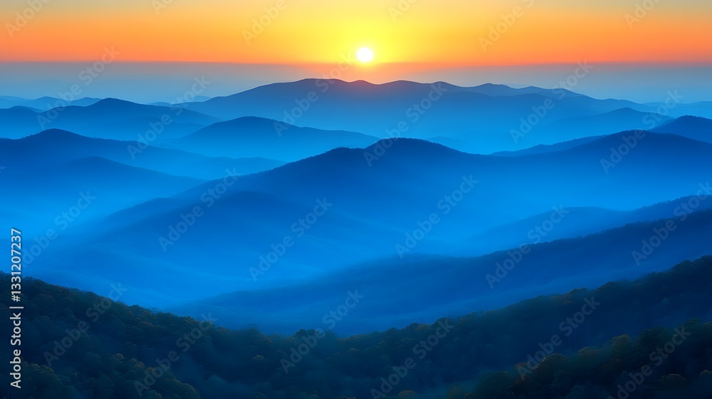 Obraz premium Sunset over Blue Ridge Mountains, hazy autumn view