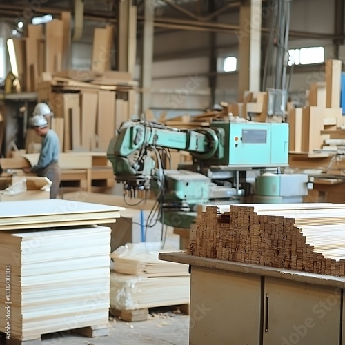 A workshop interior features a worker and machinery with wood