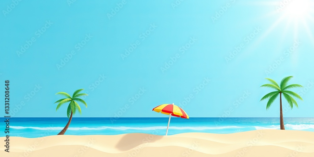 Relaxing Tropical Beach Scene with Bright Umbrella and Lush Palm Trees Under a Clear Blue Sky Relaxing Tropical Beach Scene with Bright Umbrella and Lush Palm Trees Under a Clear Blue Sky