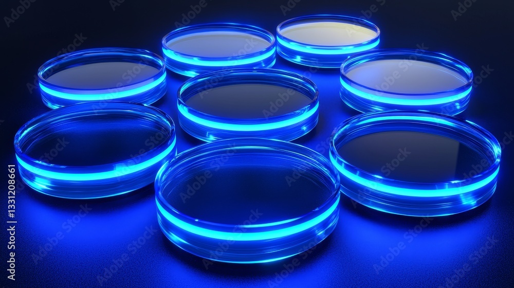 Blue translucent circles with glowing neon edges, placed on a dark gradient backdrop, radiating light reflections, artistic sci-fi look Blue translucent circles with glowing neon edges, placed on a dark gradient backdrop, radiating light reflections, artistic sci-fi look