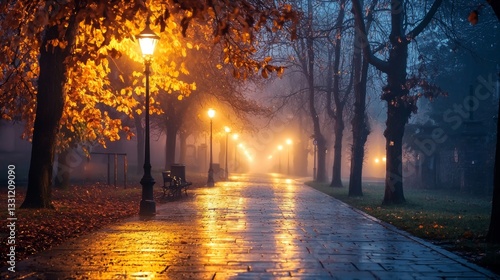 Charming city street on a winter night, vibrant reflections on wet pavement, foggy air creating a dreamy glow around the streetlights