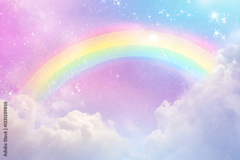 Naklejka premium A dreamy, pastel rainbow in fluffy clouds with a magical, ethereal feel. Perfect for whimsical and fantasy-themed visuals.