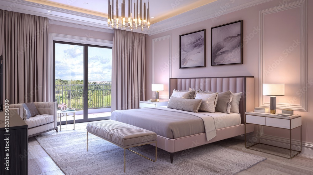 Fototapeta premium Contemporary bedroom with soft pink walls, geometric art frames, sleek furniture, glowing ambient lighting, elegant simplicity