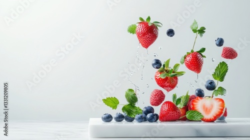 Delicate strawberries and blueberries float down onto marble surface. Generative AI