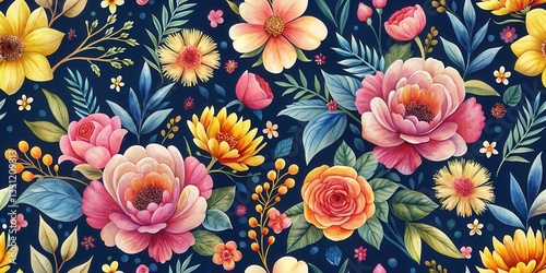 Vibrant watercolor floral arrangement featuring a rich tapestry of blossoms, lush foliage, and intricate botanical details on a deep blue background.