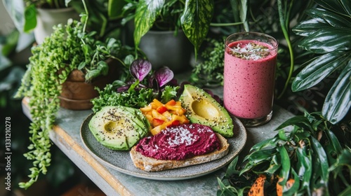 Healthy plate with avocado, bread, smoothie, and veggies. Plant backdrop