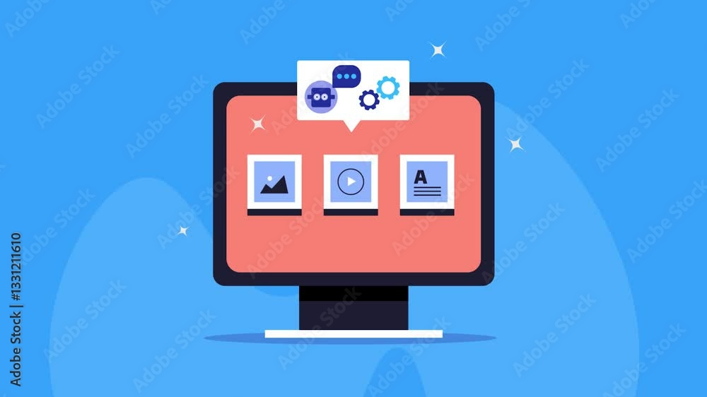 Automated content creation process, chatbot creates content generative AI technology, business solution. Multi content format on computer screen. Automated content creation process, chatbot creates content generative AI technology, business solution. Multi content format on computer screen.