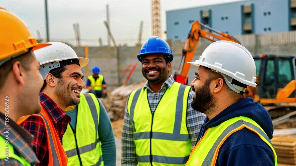 Group of construction workers laughing and collaborating on a building site with machinery in background Group of construction workers laughing and collaborating on a building site with machinery in background