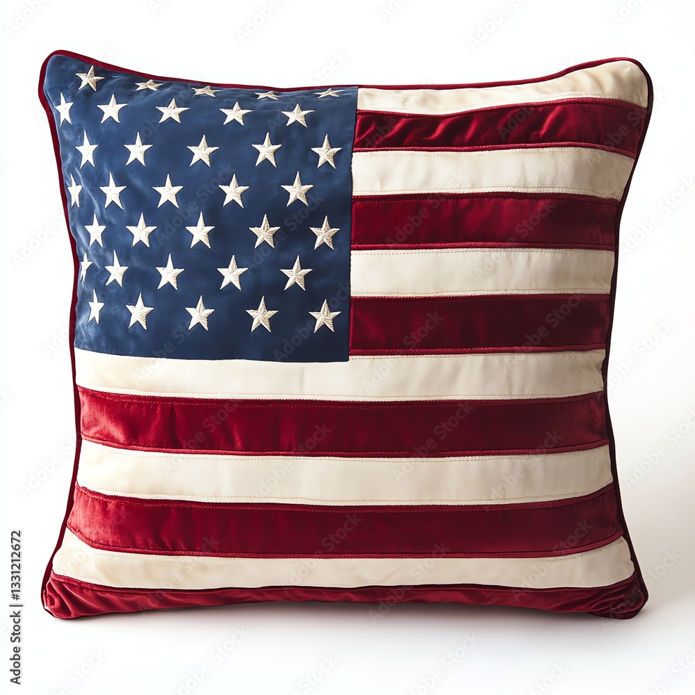 Decorative pillow featuring American flag design, isolated on white background. Decorative pillow featuring American flag design, isolated on white background.