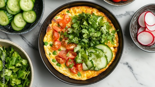 Wallpaper Mural A top-down shot with a variety of side dishes including sliced cucumbers, tomatoes, and pickled radish, showcasing a complete and flavorful Thai breakfast  Torontodigital.ca
