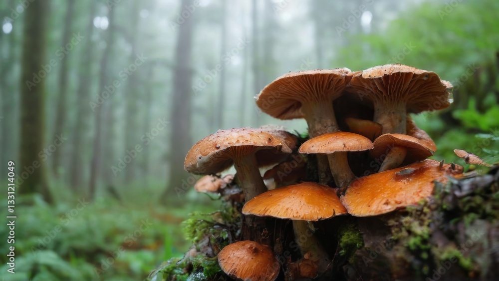 Fototapeta premium Tranquil Forest Scene with Orange Mushrooms on Tree Stump Surrounded by Green Foliage in Atmospheric Fog