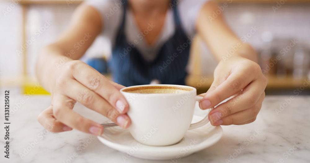 Hands, person and serving coffee at cafe for customer service, espresso drink and order collection. Waiter, closeup and giving beverage for breakfast catering, server helping and hospitality industry Hands, person and serving coffee at cafe for customer service, espresso drink and order collection. Waiter, closeup and giving beverage for breakfast catering, server helping and hospitality industry