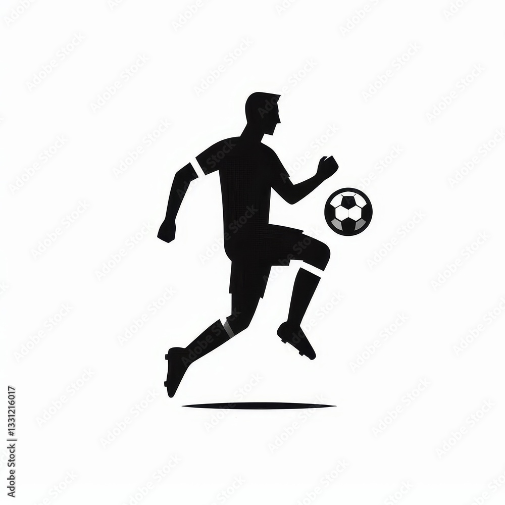 Obraz premium Silhouette of male soccer player jumping and kicking ball isolated on white background. Dynamic sports illustration for design and print