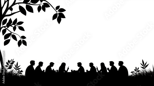 Business Meetings and Discussions Silhouettes of people sitting around a conference table, actively engaged in discussion, representing a productive business meeting.