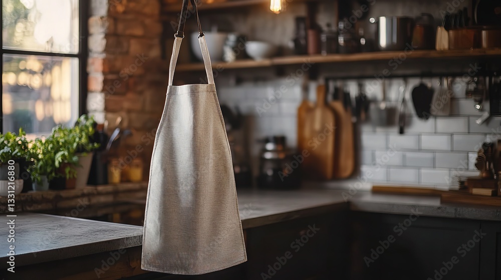 A clean, white apron hanging in a kitchen, perfect for a restaurant or chef logo mockup. A clean, white apron hanging in a kitchen, perfect for a restaurant or chef logo mockup.