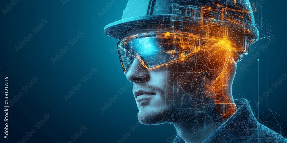 Digital portrait of a man wearing construction helmet and glasses Digital portrait of a man wearing construction helmet and glasses