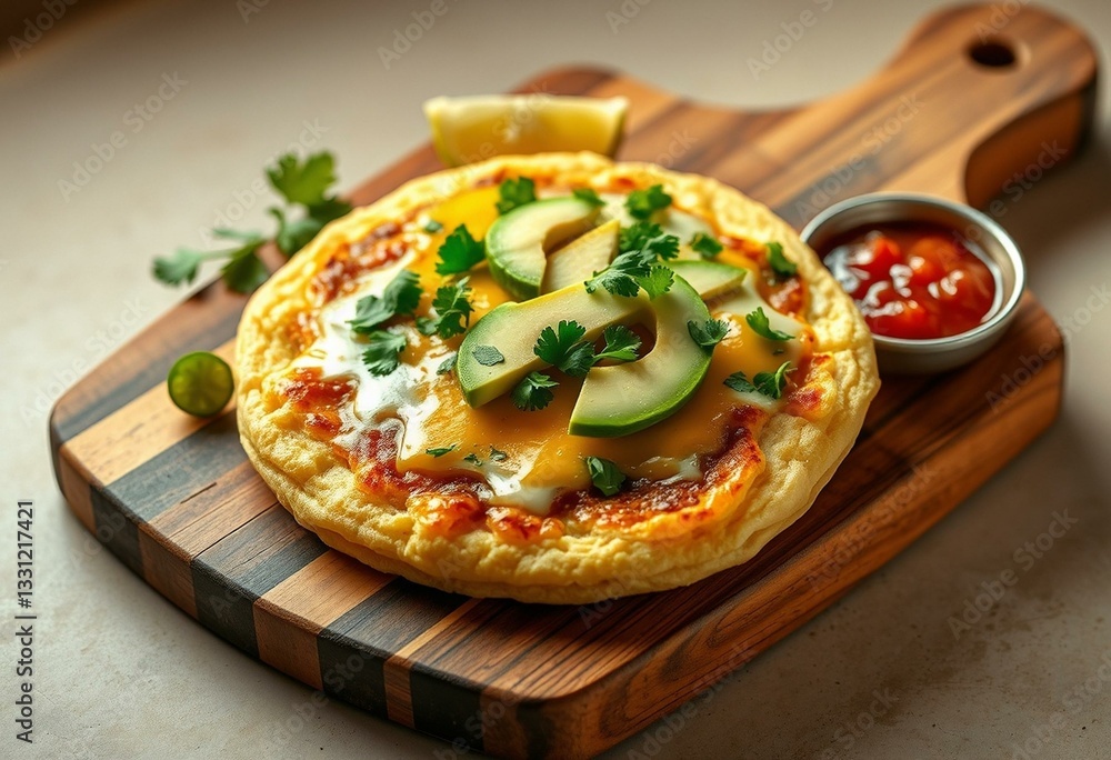 Photorealistic image of a delicious Arepa on a rustic wooden cutting board Photorealistic image of a delicious Arepa on a rustic wooden cutting board