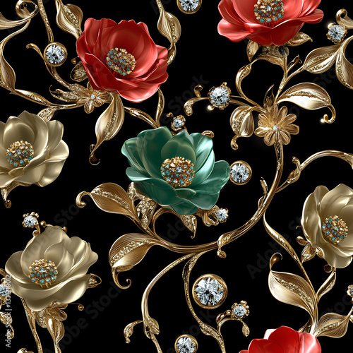 3d render of gold and red or green flowers with diamonds on black background seamless