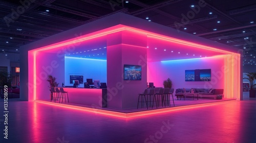 A modern exhibition stand showcases complex construction with neon lighting and dark-colored furniture, creating a vibrant atmosphere at a trade show.