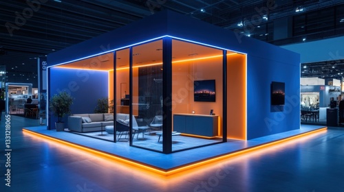 A modern exhibition stand showcases complex construction with neon lighting and dark-colored furniture, creating a vibrant atmosphere at a trade show.