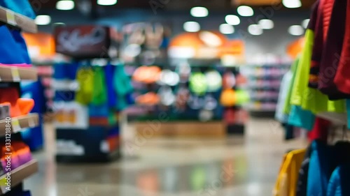 Colorful display of sports apparel in a retail store with blurred background shoppers and merchandise