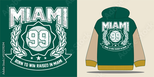 Miami varsity text print design with retro college style typography, ideal for T-shirts, hoodies, and streetwear fashion. Perfect for casual and athletic wear