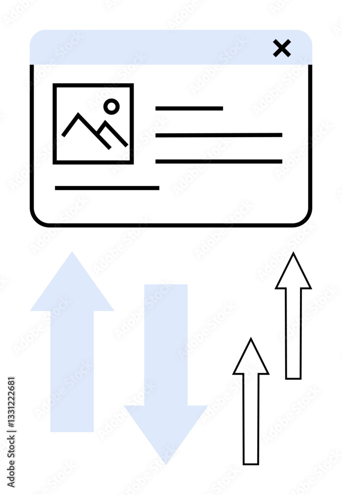 Web browser window layout with image and text elements next to arrows indicating up and down directions. Ideal for navigation, data flow, teamwork, ranking, organization, progress, digital tools Web browser window layout with image and text elements next to arrows indicating up and down directions. Ideal for navigation, data flow, teamwork, ranking, organization, progress, digital tools