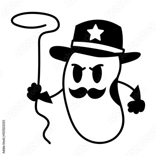 A doodle style icon of bean character spinning cowboy rope 