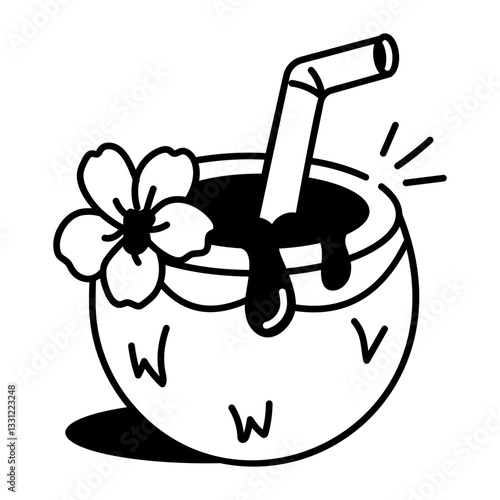 Summer coconut drink icon in hand drawn style 
