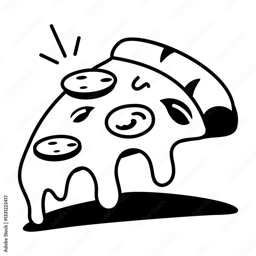 Cheesy pizza slice icon in hand drawn style
Cheesy pizza slice icon in hand drawn style