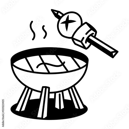 Cooking bbq on grill stove, doodle style icon 
