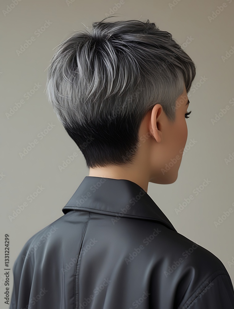 Short gray pixie haircut on a stylish woman wearing a black jacket, captured from the back, showcasing modern hair trends and professional hairstyle inspiration
Short gray pixie haircut on a stylish woman wearing a black jacket, captured from the back, showcasing modern hair trends and professional hairstyle inspiration