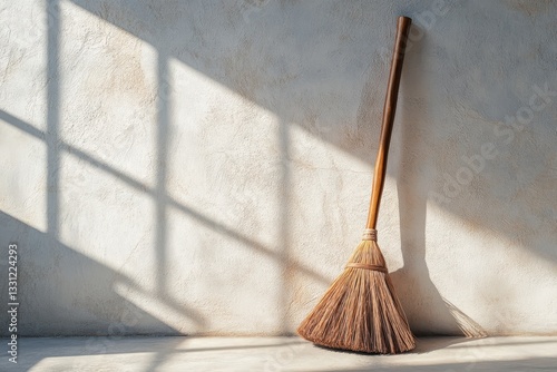 Wallpaper Mural A wooden broom leaning against a textured wall with shadows Torontodigital.ca