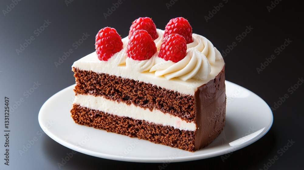 Delicious chocolate cake slice with raspberries gourmet dessert photography studio setting aesthetic food presentation Delicious chocolate cake slice with raspberries gourmet dessert photography studio setting aesthetic food presentation