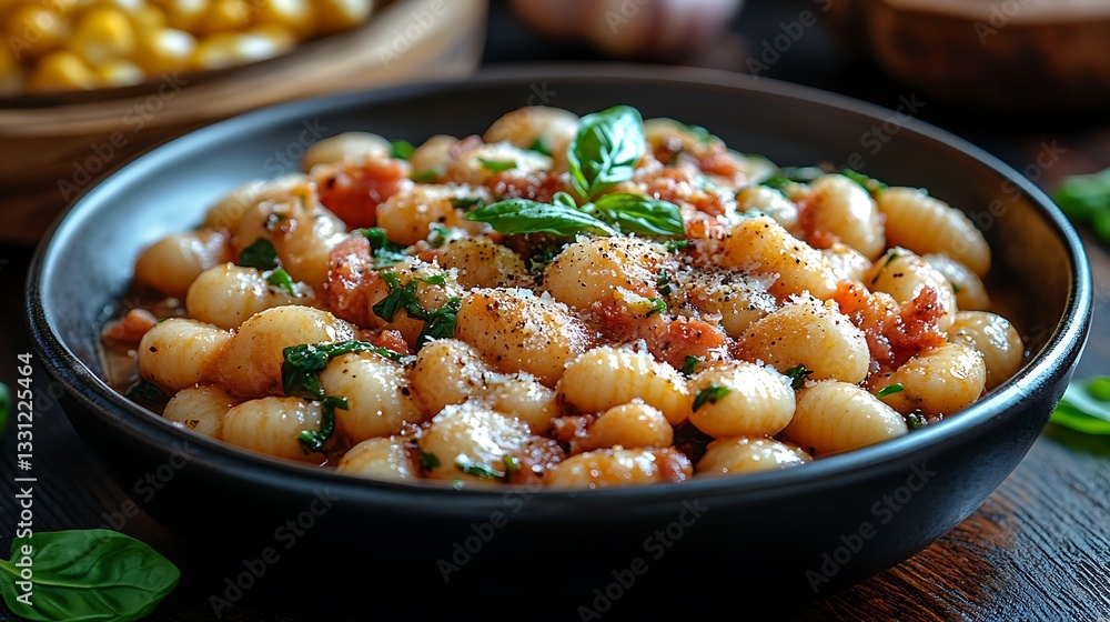 Delicious gnocchi with tomato sauce, basil, and parmesan cheese. Delicious gnocchi with tomato sauce, basil, and parmesan cheese.