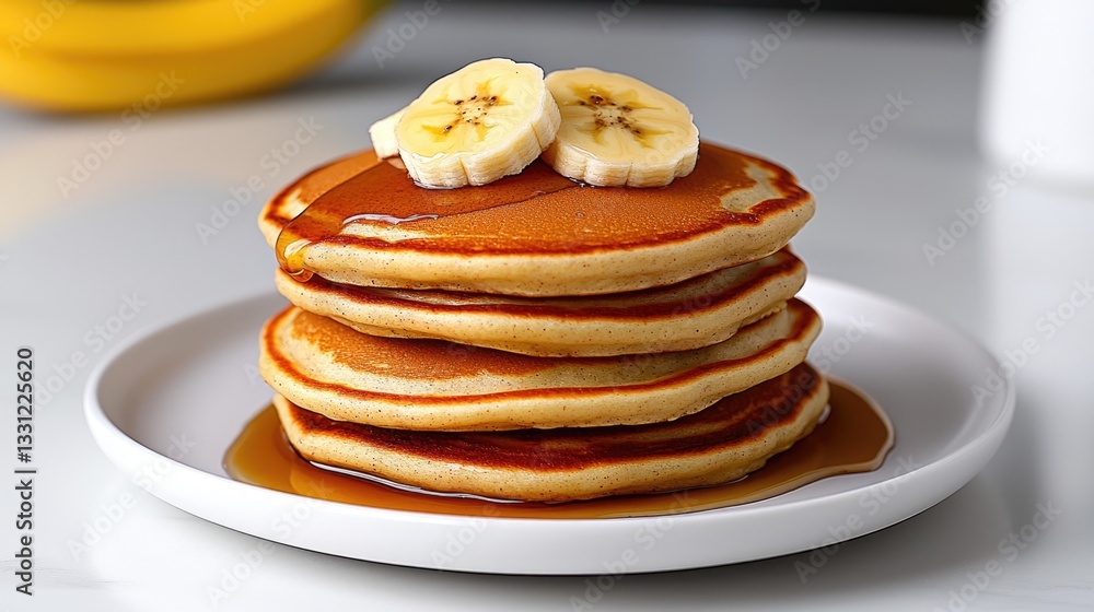 Delicious pancakes with bananas and syrup kitchen table food photography cozy home overhead view breakfast bliss Delicious pancakes with bananas and syrup kitchen table food photography cozy home overhead view breakfast bliss