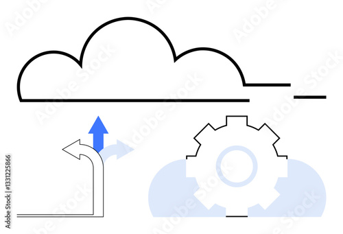 Cloud outline atop gear and directional arrows suggesting choices, growth, and technology. Ideal for innovation, technology, decision-making, data storage, cloud computing automation workflow. Flat