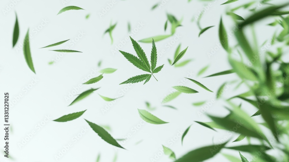Fototapeta premium 3D cannabis leaves gently falling, high-quality rendering