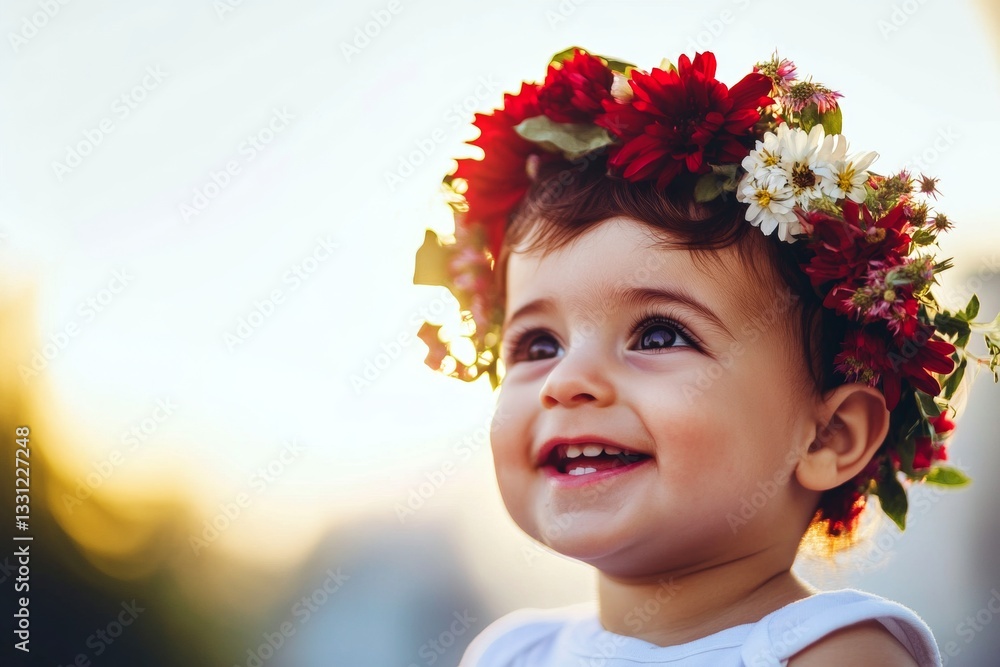 Smiling middle eastern infant boy with tt hair wearing red flower circlet on his head. Happy warm season holidays idea. Golden sunrise. Child’s peaceful summer happiness. Happy child in summer. Smiling middle eastern infant boy with tt hair wearing red flower circlet on his head. Happy warm season holidays idea. Golden sunrise. Child’s peaceful summer happiness. Happy child in summer.