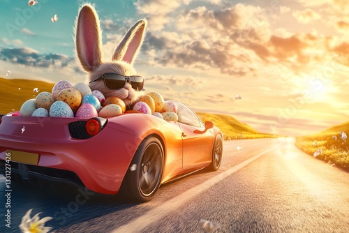 A white rabbit, wearing sunglasses, drives a red sports car brimming with colorful Easter eggs. The scene features a scenic sunset, winding roads, rolling hills, and a vibrant, whimsical atmosphere.
