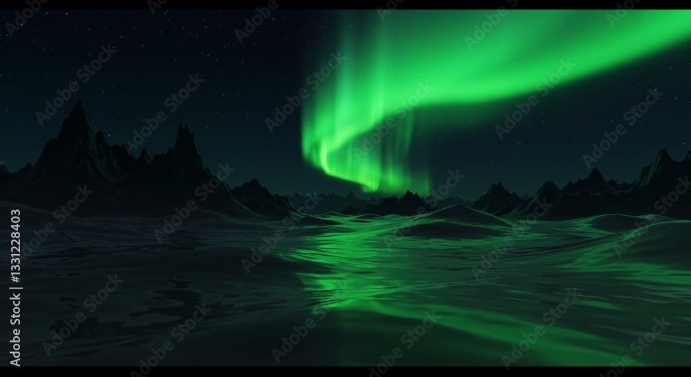 Naklejka premium Green Aurora Ribbons Over Arctic Valley: Night Landscape, Mountain Silhouettes, Northern Lights Display