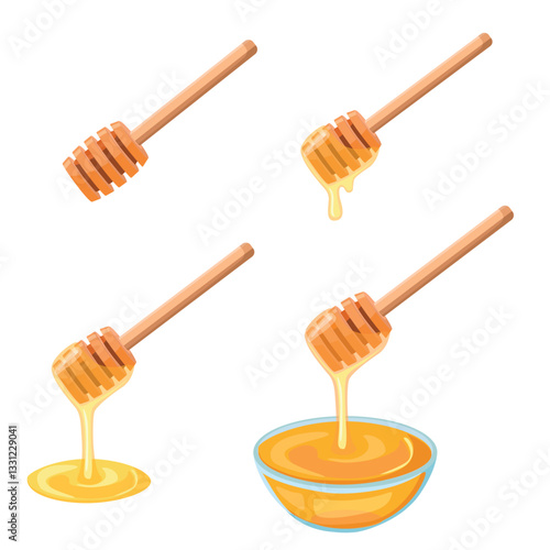 Honey Dipper. Set of Wooden Spoon for liquid sweetness. Wood traditional food utensils. Cartoon vector illustration.6