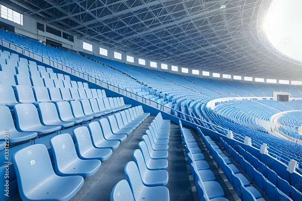 Fototapeta premium The image shows an empty, large indoor stadium with blue seats arranged in several rows. The roof is metallic and curved, with some natural light coming through the windows.