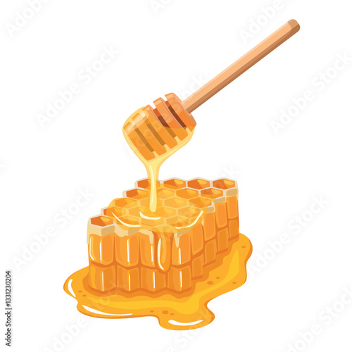 Cartoon liquid honey dripping from wooden dipper at honeycomb. Vector illustration