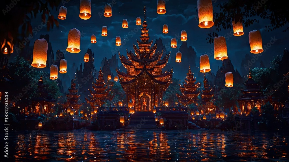 Obraz premium Enchanted Night: Floating Lanterns Illuminate Ancient Temple