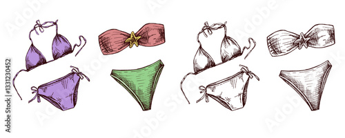 Hand drawn colored and monochrome sketch of bikini swimwear set with starfish detail