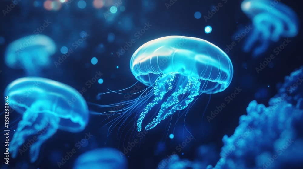 A crystal-clear underwater world with glowing A crystal-clear underwater world with glowing