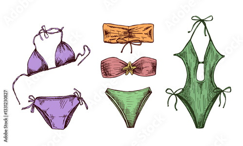 Hand drawn colored sketch of summer swimwear collection with stylish details