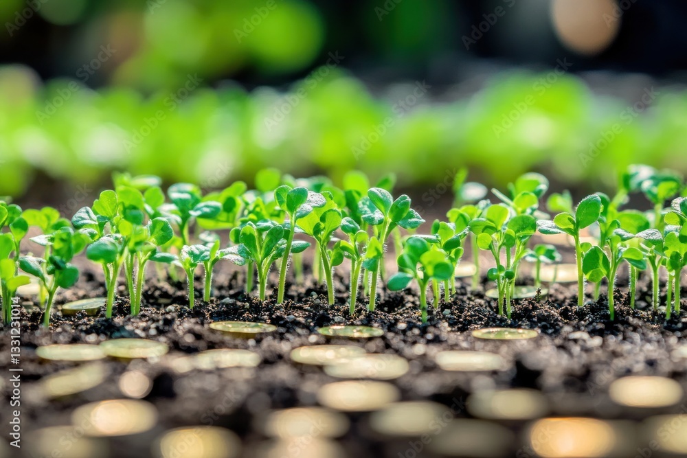 Sprouting seedlings, fertile soil, coins, garden Sprouting seedlings, fertile soil, coins, garden